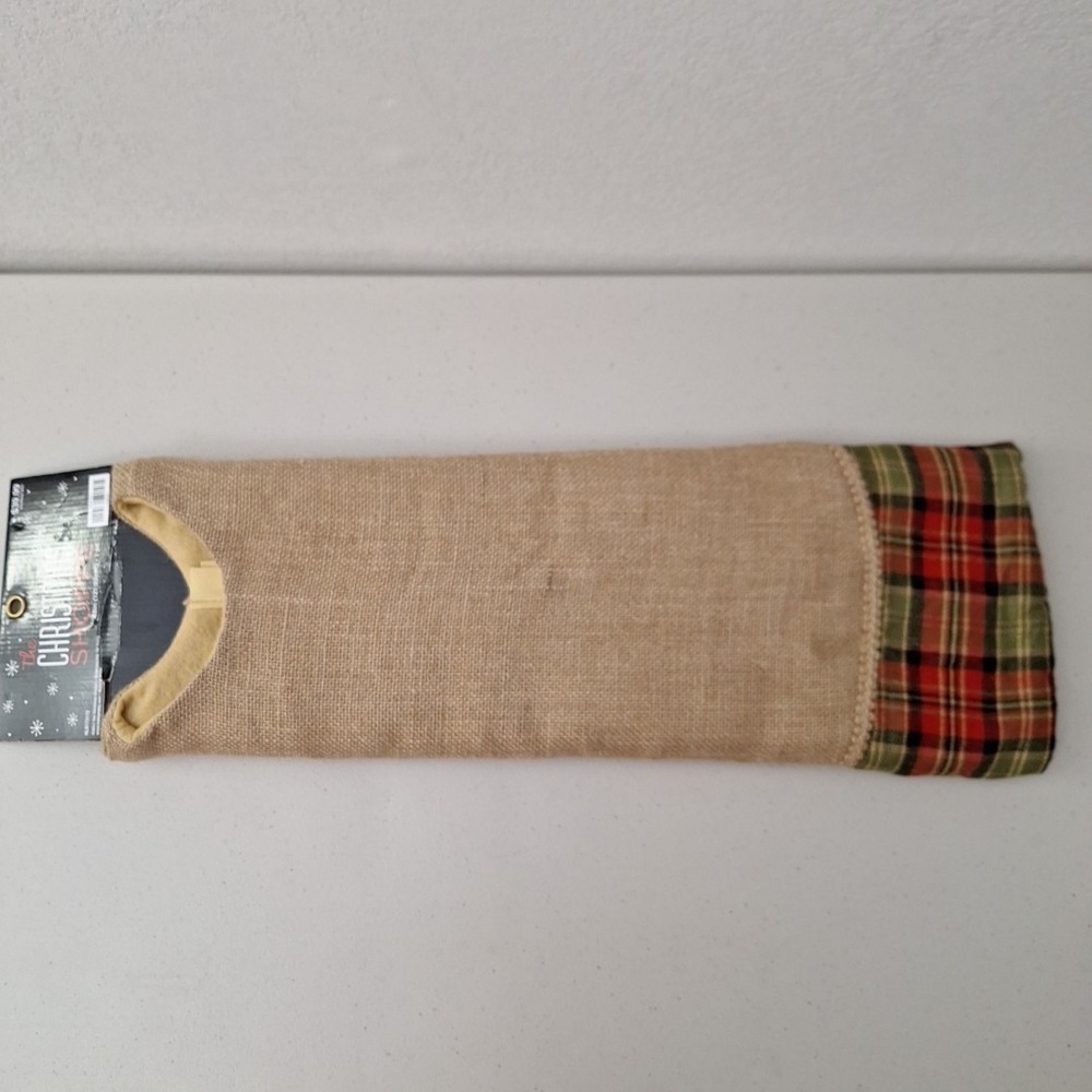 The Christmas Shoppe Tree Skirt Burlap and Red Green Plaid 48" NEW - Picture 7 of 12